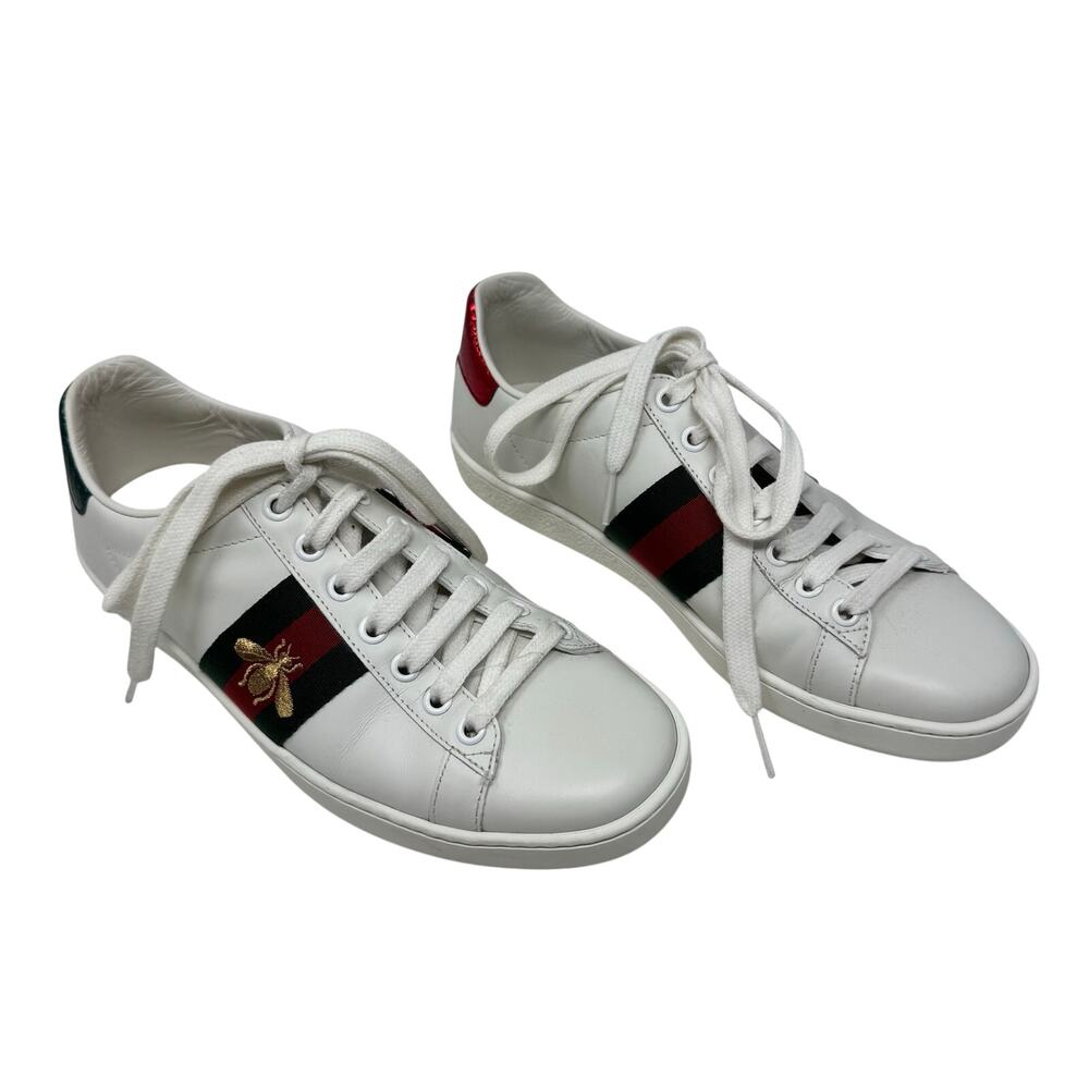 Gucci Ace White Leather Gold Gucci Print Web Stripe Low Top Sneakers 37